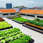 **Urban rooftop garden in Vietnam:** A vibrant rooftop garden in a bustling Vietnamese city, featuring diverse vegetables and herbs growing in raised beds and vertical structures. Show a mix of modern buildings and traditional Vietnamese architecture in the background. The lighting is warm and sunny, showcasing the freshness of the produce and the lively atmosphere.