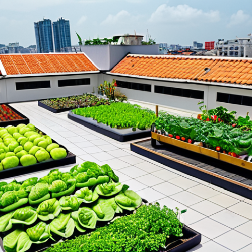 **Urban rooftop garden in Vietnam:** A vibrant rooftop garden in a bustling Vietnamese city, featuring diverse vegetables and herbs growing in raised beds and vertical structures. Show a mix of modern buildings and traditional Vietnamese architecture in the background. The lighting is warm and sunny, showcasing the freshness of the produce and the lively atmosphere.