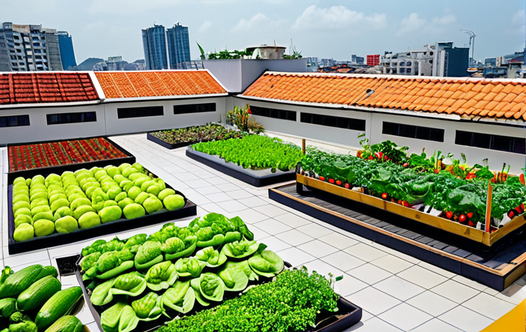 **Urban rooftop garden in Vietnam:** A vibrant rooftop garden in a bustling Vietnamese city, featuring diverse vegetables and herbs growing in raised beds and vertical structures. Show a mix of modern buildings and traditional Vietnamese architecture in the background. The lighting is warm and sunny, showcasing the freshness of the produce and the lively atmosphere.