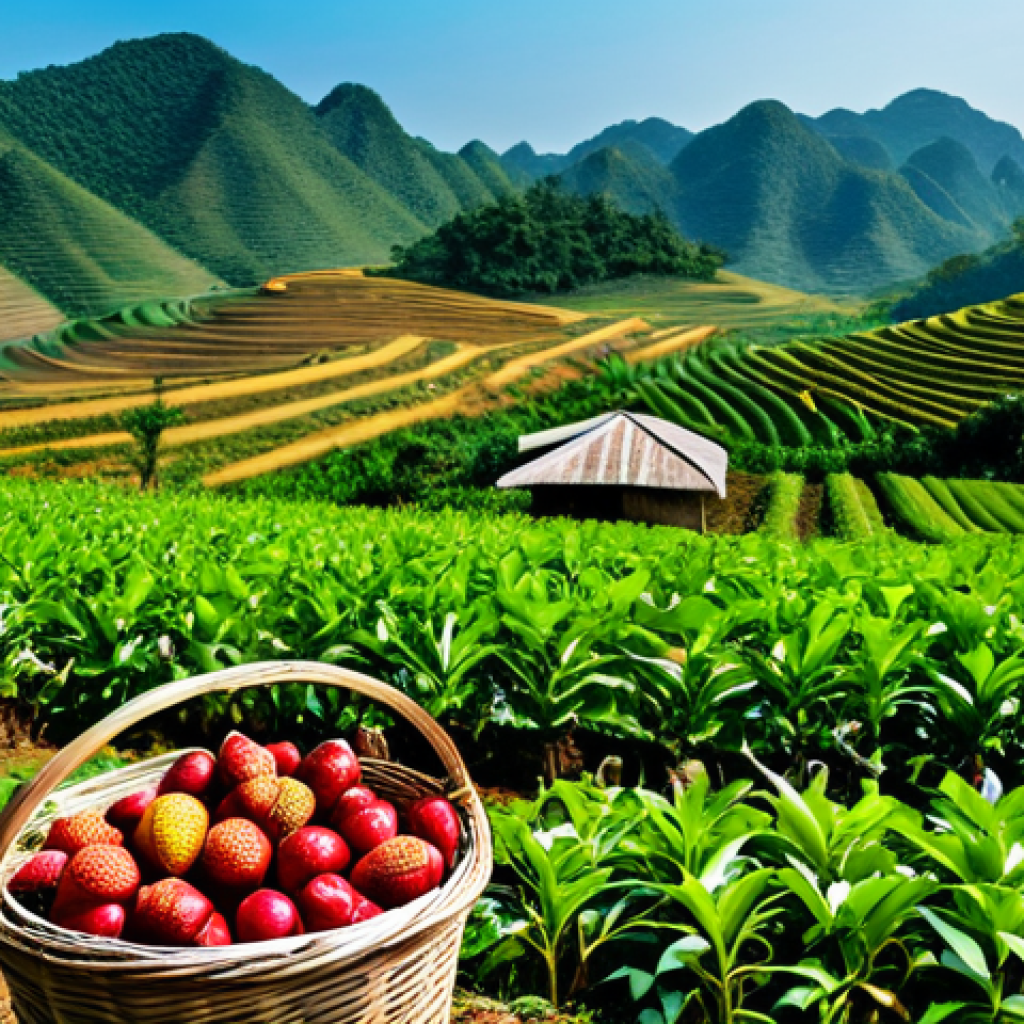 A Vietnamese farmer, fully clothed in modest, traditional attire, carefully harvesting fresh, vibrant green vegetables from a lush, sunlit organic farm field in Vietnam. In the foreground, a basket overflows with colorful, just-picked produce like ripe mangoes, rambutan, and various herbs. The background shows rolling hills and a clear blue sky, emphasizing the connection between nature and fresh food, capturing the essence of a farm-to-table journey. The farmer has perfect anatomy, correct proportions, and a natural pose with well-formed hands and proper finger count. Professional photography, high quality, vibrant colors, safe for work, appropriate content, fully clothed, family-friendly.