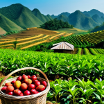 A Vietnamese farmer, fully clothed in modest, traditional attire, carefully harvesting fresh, vibrant green vegetables from a lush, sunlit organic farm field in Vietnam. In the foreground, a basket overflows with colorful, just-picked produce like ripe mangoes, rambutan, and various herbs. The background shows rolling hills and a clear blue sky, emphasizing the connection between nature and fresh food, capturing the essence of a farm-to-table journey. The farmer has perfect anatomy, correct proportions, and a natural pose with well-formed hands and proper finger count. Professional photography, high quality, vibrant colors, safe for work, appropriate content, fully clothed, family-friendly.
