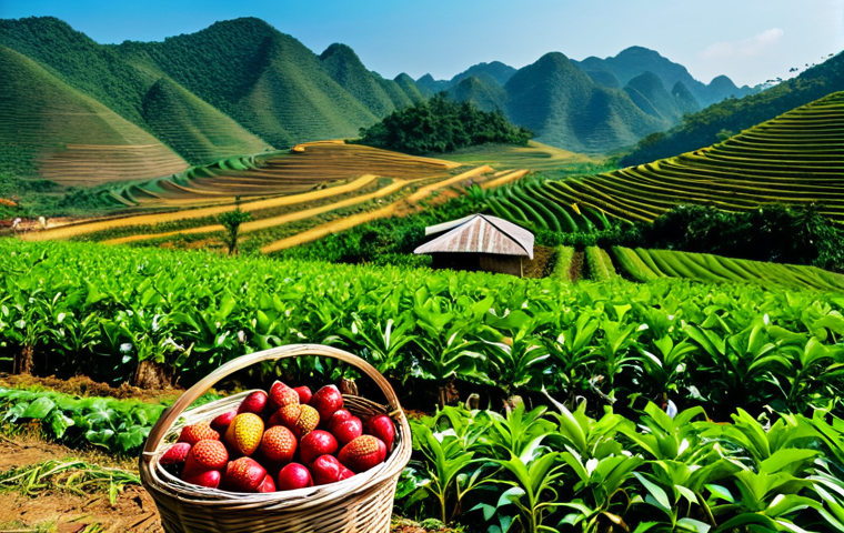 A Vietnamese farmer, fully clothed in modest, traditional attire, carefully harvesting fresh, vibrant green vegetables from a lush, sunlit organic farm field in Vietnam. In the foreground, a basket overflows with colorful, just-picked produce like ripe mangoes, rambutan, and various herbs. The background shows rolling hills and a clear blue sky, emphasizing the connection between nature and fresh food, capturing the essence of a farm-to-table journey. The farmer has perfect anatomy, correct proportions, and a natural pose with well-formed hands and proper finger count. Professional photography, high quality, vibrant colors, safe for work, appropriate content, fully clothed, family-friendly.