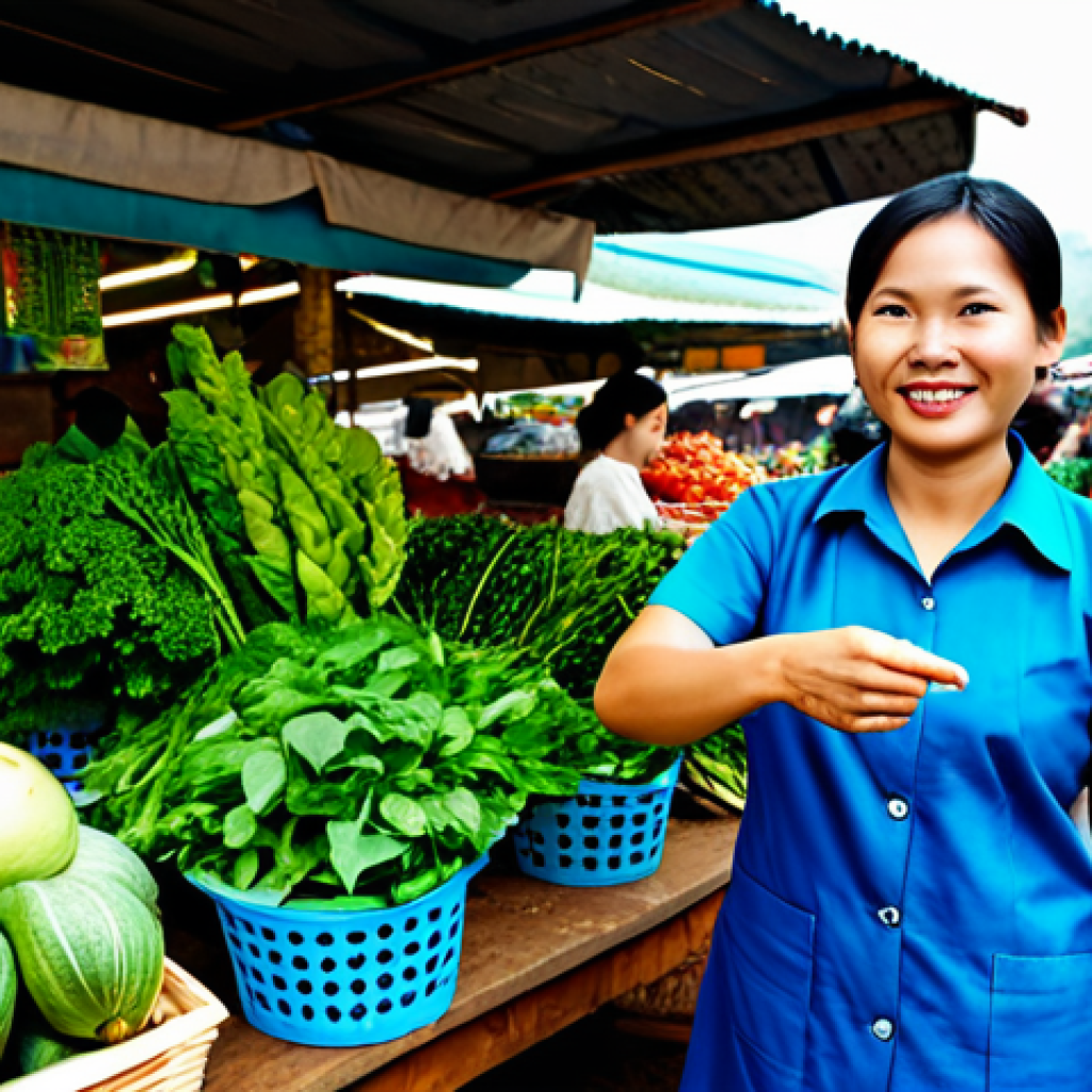 A Vietnamese woman, mid-30s, fully clothed in modest, professional dress, standing at a vibrant traditional Vietnamese market (chợ). She holds a reusable shopping bag filled with fresh, seasonal local produce such as bright green leafy vegetables, ripe tropical fruits like pomelos, and various herbs. She is respectfully engaging with a local farmer at a stall. The scene is brightly lit with natural light, emphasizing the freshness of the ingredients and the lively market atmosphere. The image should convey a sense of community and sustainable living. Safe for work, appropriate content, fully clothed, family-friendly, perfect anatomy, correct proportions, natural pose, well-formed hands, proper finger count, natural body proportions, professional photography, high quality.