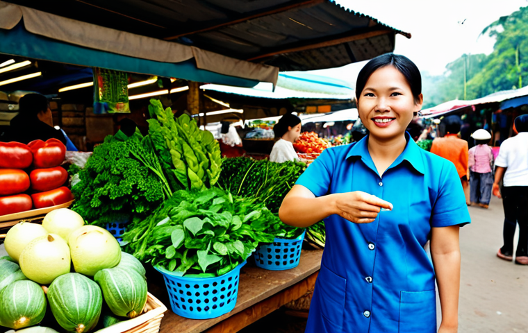 A Vietnamese woman, mid-30s, fully clothed in modest, professional dress, standing at a vibrant traditional Vietnamese market (chợ). She holds a reusable shopping bag filled with fresh, seasonal local produce such as bright green leafy vegetables, ripe tropical fruits like pomelos, and various herbs. She is respectfully engaging with a local farmer at a stall. The scene is brightly lit with natural light, emphasizing the freshness of the ingredients and the lively market atmosphere. The image should convey a sense of community and sustainable living. Safe for work, appropriate content, fully clothed, family-friendly, perfect anatomy, correct proportions, natural pose, well-formed hands, proper finger count, natural body proportions, professional photography, high quality.