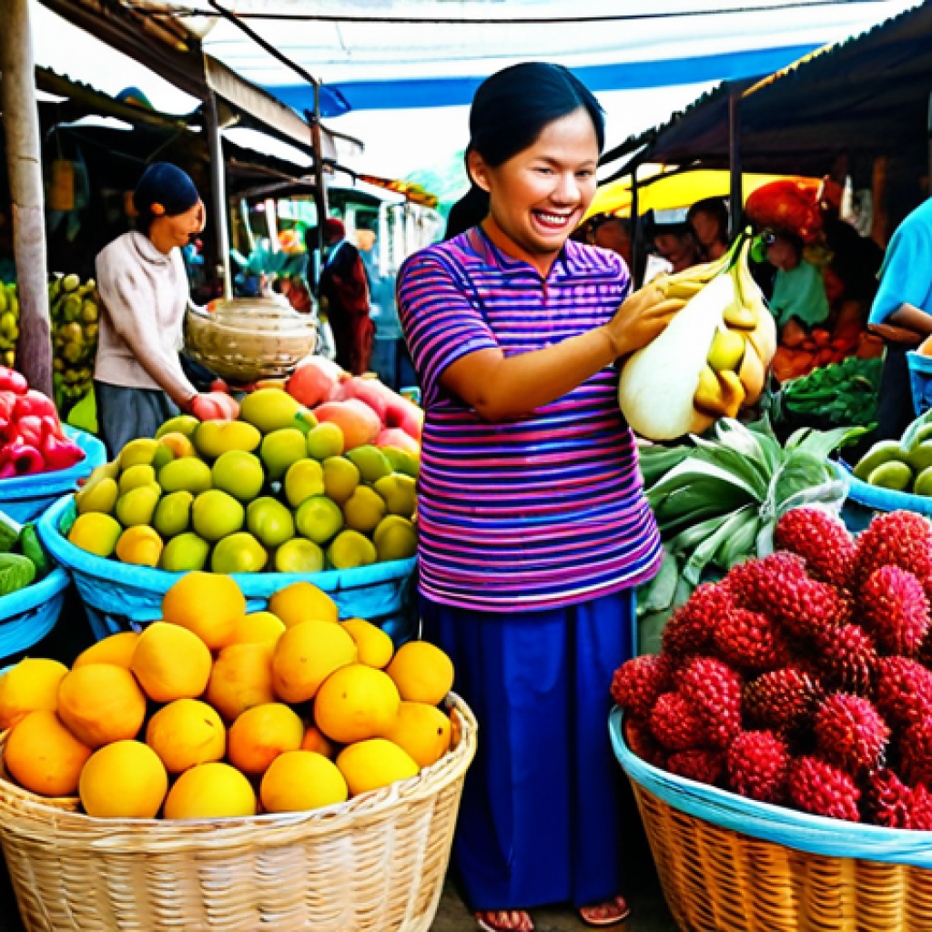 Seasonal Produce at a Local Market**
"A vibrant farmers market scene, overflowing with colorful seasonal fruits and vegetables. Focus on fresh, in-season produce like mangoes, rambutan, and dragon fruit displayed in woven baskets. Vendors in traditional Vietnamese clothing are interacting with customers. The scene is bright and cheerful, capturing the abundance of nature. Safe for work, appropriate content, fully clothed, professional photography, perfect anatomy, natural proportions, family-friendly."
**