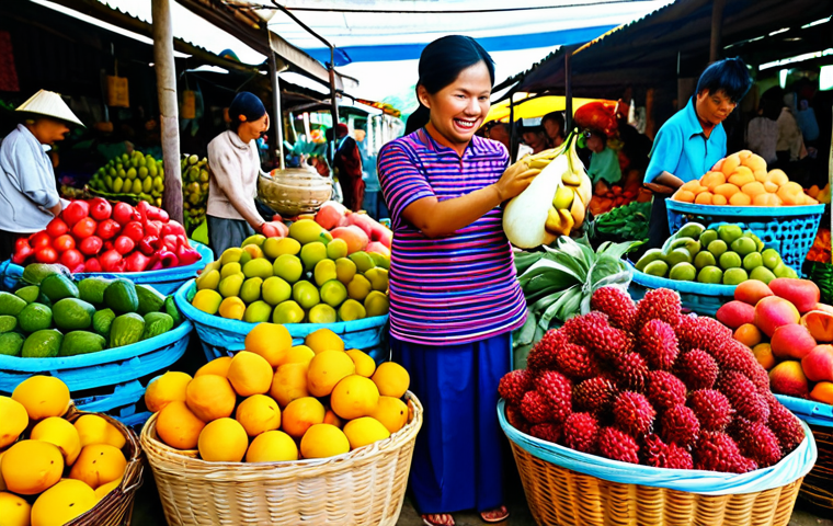 Seasonal Produce at a Local Market**
"A vibrant farmers market scene, overflowing with colorful seasonal fruits and vegetables. Focus on fresh, in-season produce like mangoes, rambutan, and dragon fruit displayed in woven baskets. Vendors in traditional Vietnamese clothing are interacting with customers. The scene is bright and cheerful, capturing the abundance of nature. Safe for work, appropriate content, fully clothed, professional photography, perfect anatomy, natural proportions, family-friendly."
**