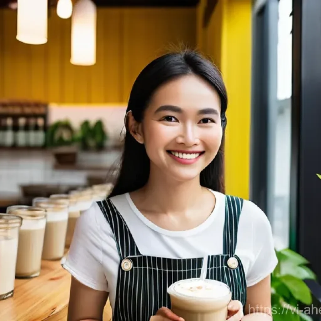 식물성 우유의 발전과 미래 - **Prompt:** A vibrant scene in a modern, eco-friendly cafe in Ho Chi Minh City, featuring a stylish ...