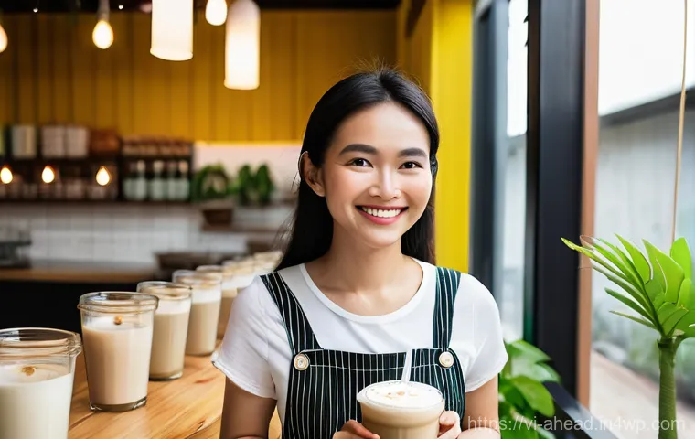 식물성 우유의 발전과 미래 - **Prompt:** A vibrant scene in a modern, eco-friendly cafe in Ho Chi Minh City, featuring a stylish ...