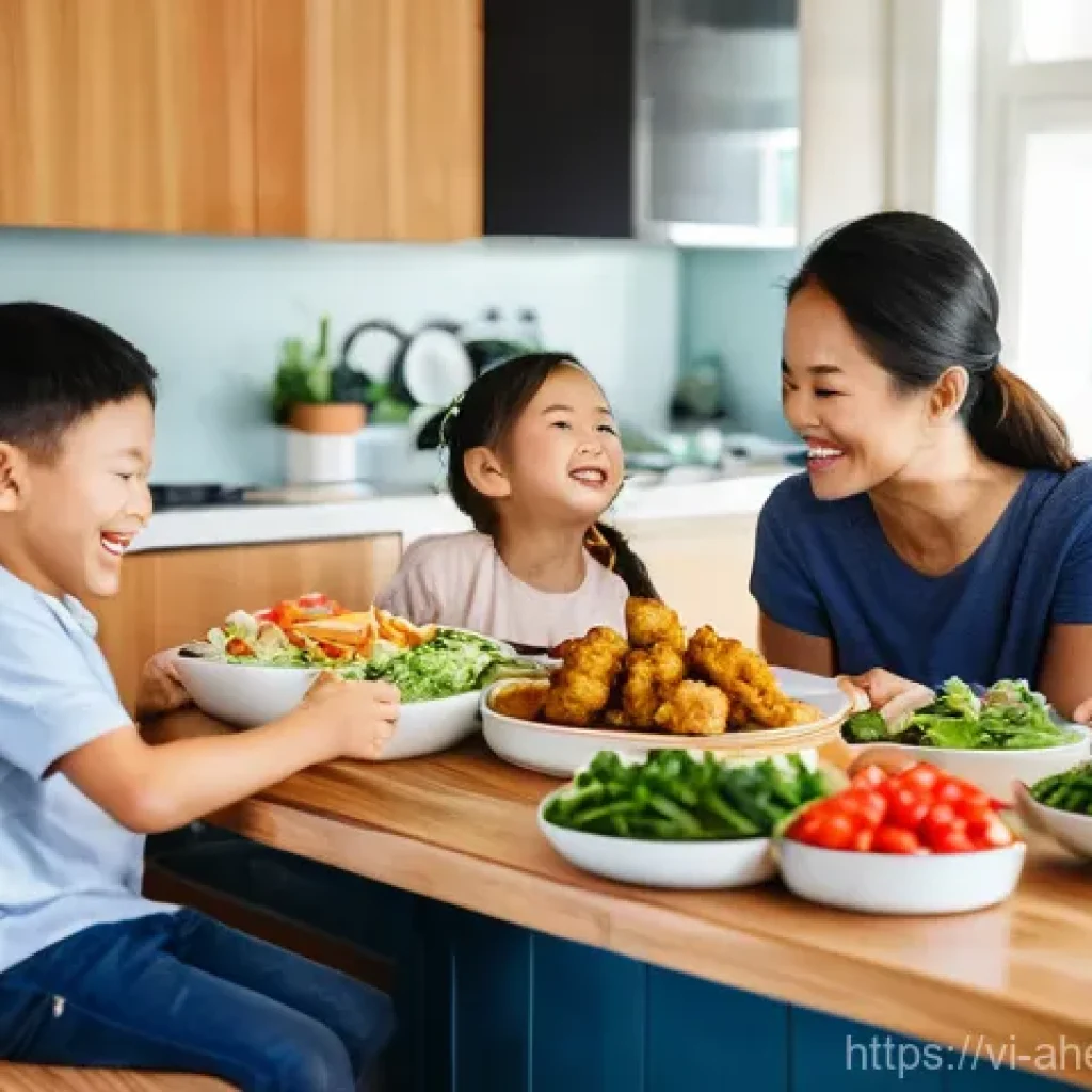 식사 준비의 기술적 혁신 - **Prompt:** A vibrant, eye-level shot in a modern Vietnamese kitchen, filled with warm, inviting nat...