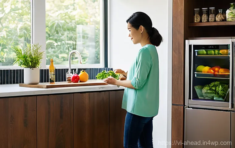 식사 준비의 기술적 혁신 - **Prompt:** A vibrant, eye-level shot in a modern Vietnamese kitchen, filled with warm, inviting nat...