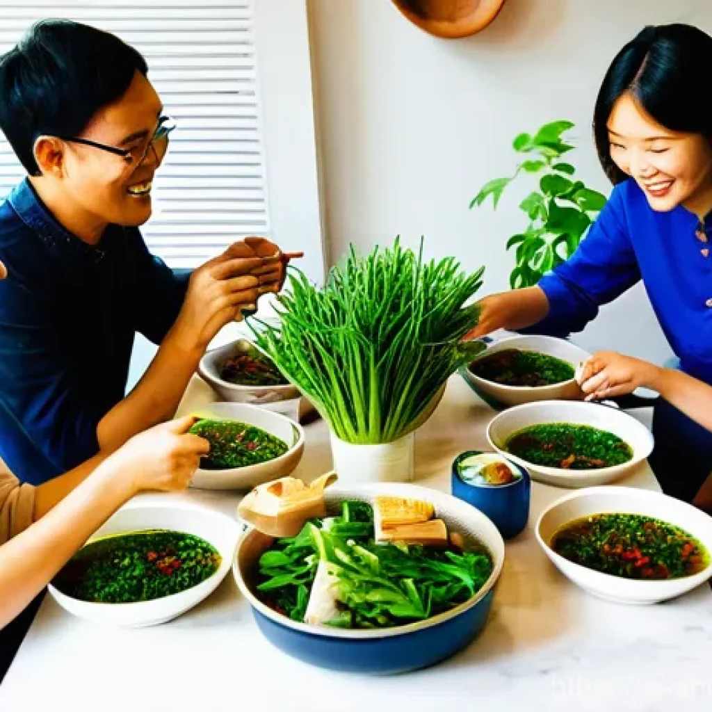 고기 소비 감소의 사회적 영향 - **A Vietnamese Family's Green Feast:**
A heartwarming, brightly lit scene inside a modern Vietna...