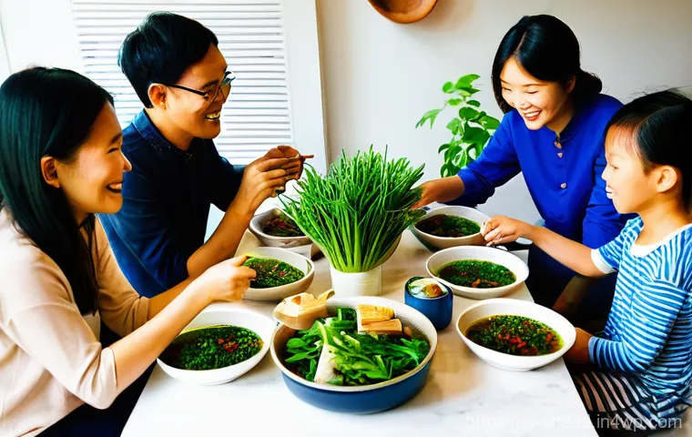 고기 소비 감소의 사회적 영향 - **A Vietnamese Family's Green Feast:**
A heartwarming, brightly lit scene inside a modern Vietna...