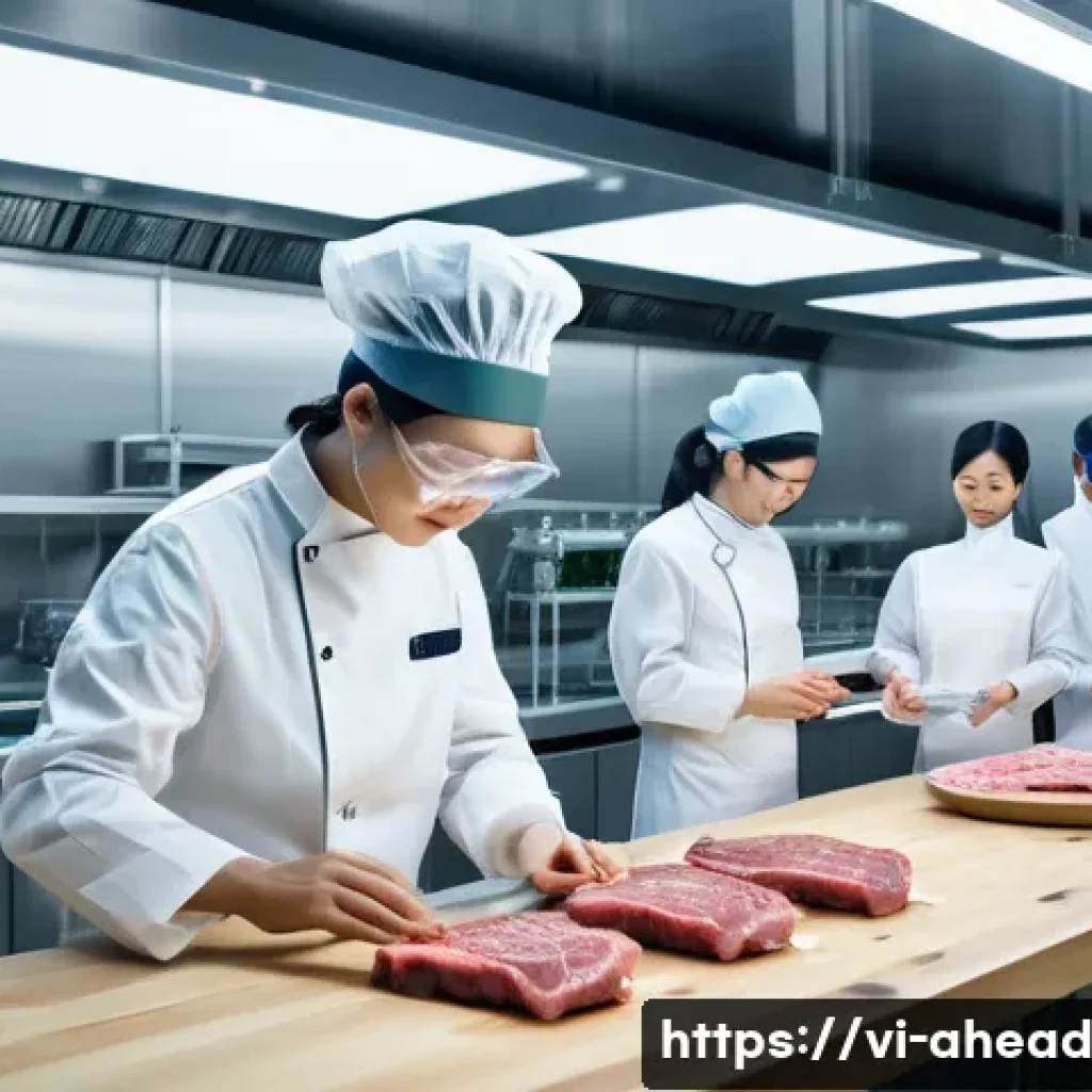 미래 식단의 발전을 이끄는 스타트업 - A futuristic laboratory kitchen scene showcasing cultured meat production: a diverse team of Vietnam...