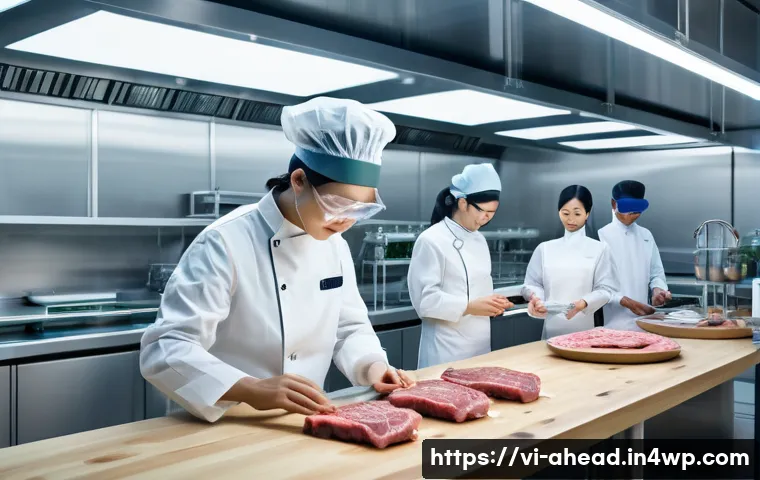 미래 식단의 발전을 이끄는 스타트업 - A futuristic laboratory kitchen scene showcasing cultured meat production: a diverse team of Vietnam...