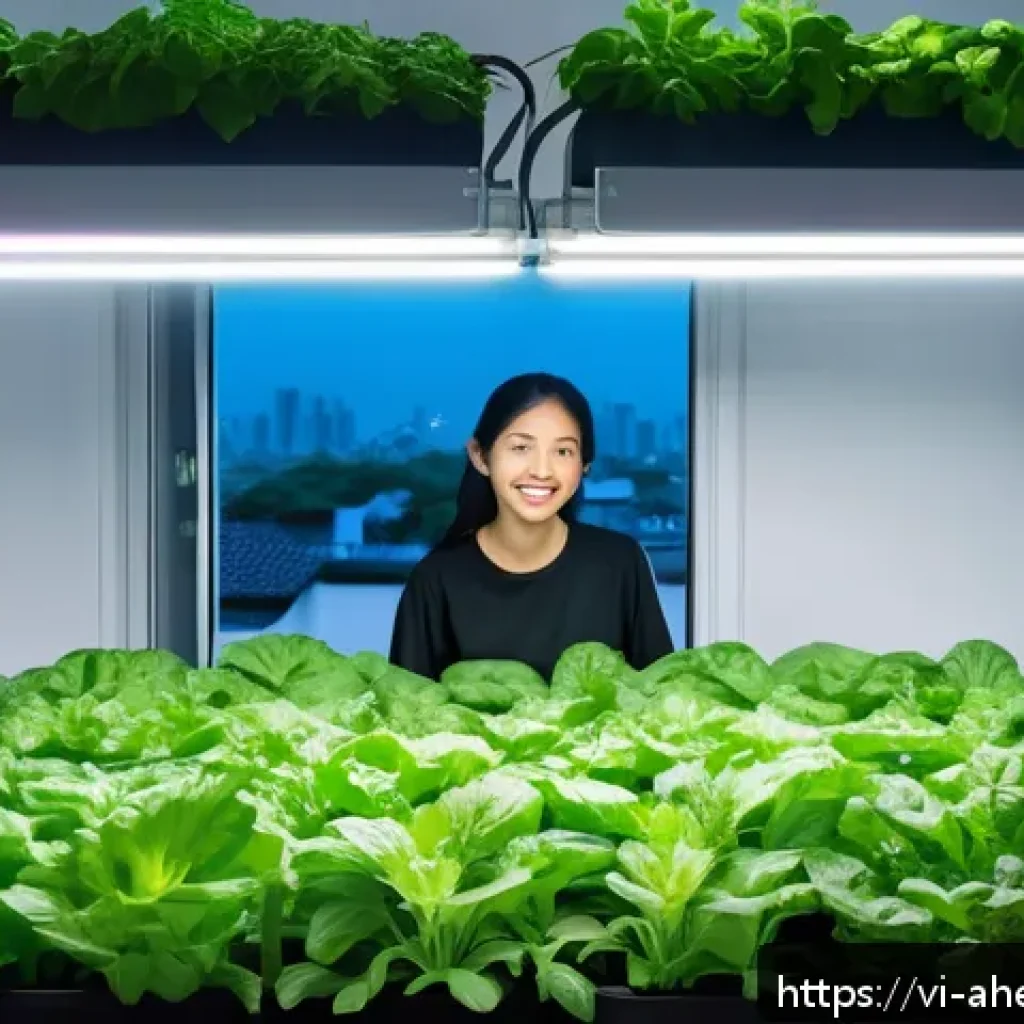 미래 도시를 위한 식품 시스템 - A modern urban hydroponic garden on a small apartment balcony in Ho Chi Minh City, featuring lush gr...