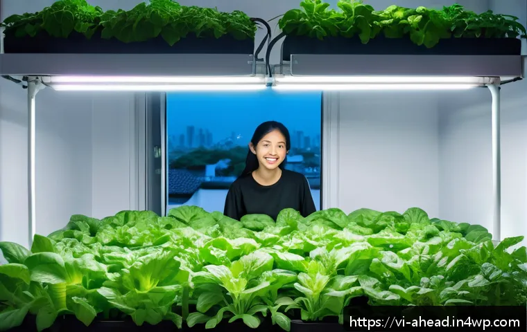 미래 도시를 위한 식품 시스템 - A modern urban hydroponic garden on a small apartment balcony in Ho Chi Minh City, featuring lush gr...