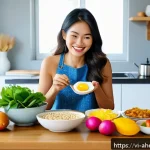 Home 21 식단 변화가 건강에 미치는 영향 - A vibrant breakfast scene featuring a Vietnamese woman in casual home attire preparing a nutritious ...