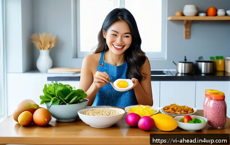 식단 변화가 건강에 미치는 영향 - A vibrant breakfast scene featuring a Vietnamese woman in casual home attire preparing a nutritious ...