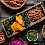 Home 19 미래 식단에서의 스낵 혁신 - A vibrant and colorful assortment of natural snacks displayed on a rustic wooden table, featuring or...