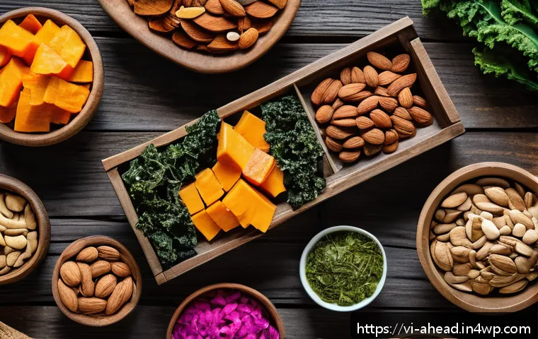 미래 식단에서의 스낵 혁신 - A vibrant and colorful assortment of natural snacks displayed on a rustic wooden table, featuring or...