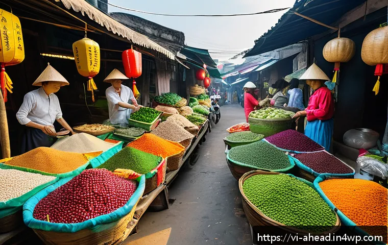 고품질의 대체 단백질 개발 동향 - A vibrant and detailed Vietnamese urban market scene showcasing a diverse array of plant-based prote...