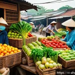 Home 23 미래 식단에 대한 소비자 교육 필요성 - A vibrant Vietnamese local market scene during daytime, showcasing a variety of fresh organic fruits...