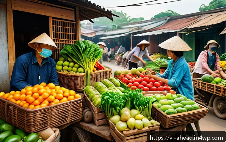 미래 식단에 대한 소비자 교육 필요성 - A vibrant Vietnamese local market scene during daytime, showcasing a variety of fresh organic fruits...