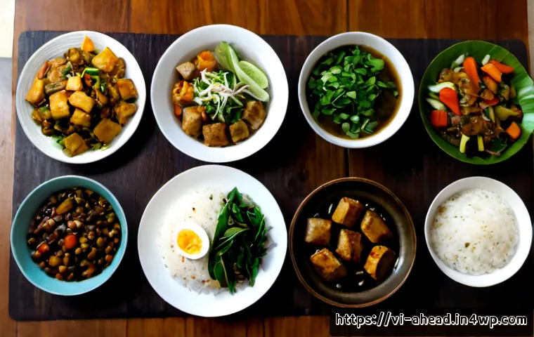 Home 17 기후 변화와 식단의 관계 - Photorealistic overhead comparison of two Vietnamese family meal settings on a clean wooden table: o...