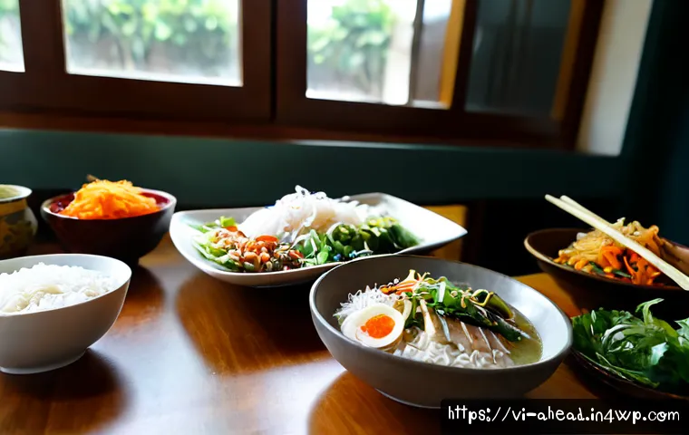 Home 17 전통 식품과 현대 식단의 융합 - Photorealistic Vietnamese home kitchen table featuring a balanced modern meal with traditional dishe...