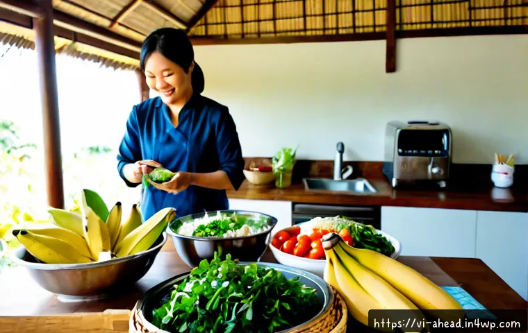 Home 17 일회용 포장재 없는 식단 만들기 - Photorealistic Vietnamese home kitchen meal-prep scene, a cheerful adult arranging fresh herbs, leaf...
