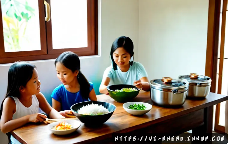 Home 17 미래 식단에서의 간편식의 역할 - Photorealistic modern Vietnamese apartment kitchen at sunrise, a young Vietnamese family preparing a...